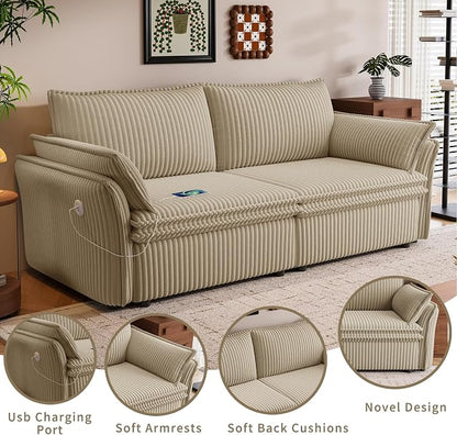 85" Pull Out Sofa Bed Full Size, Pre-Assembled Corduroy Sleeper Sofa, Convertible Loveseat Futon Couch with Storage Ottoman, USB, Pillows, for Apartment, Living Room, Small Spaces, Camel
