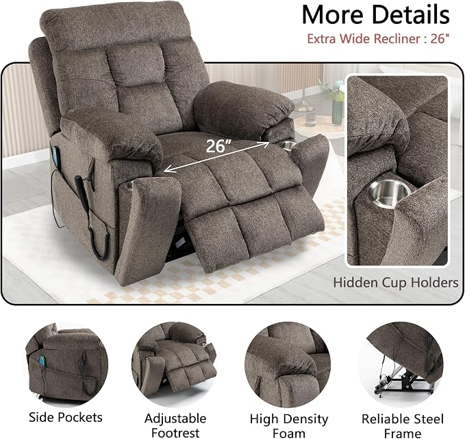 JIKFRIMA Dual Motor Power Lift Recliner Chair with Massage Heating for Adults Elderly, Electric Lift Chairs Lay Flat Recliners, Infinite Position, 2 Hidden Cup Holders