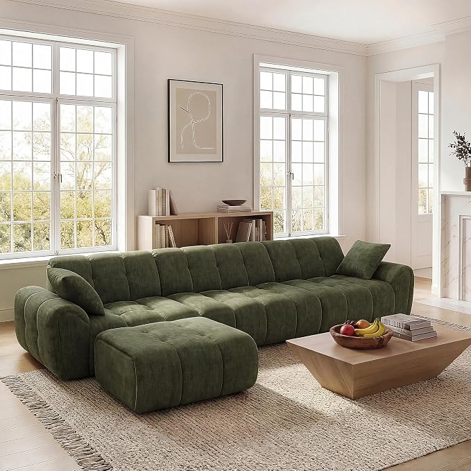 Claiks 118" Modern Boneless Couch, Corduroy Modular Cloud Sofa for Living Room, Deep Seat Sectional with Movable Ottoman, No Assembly Required, Green