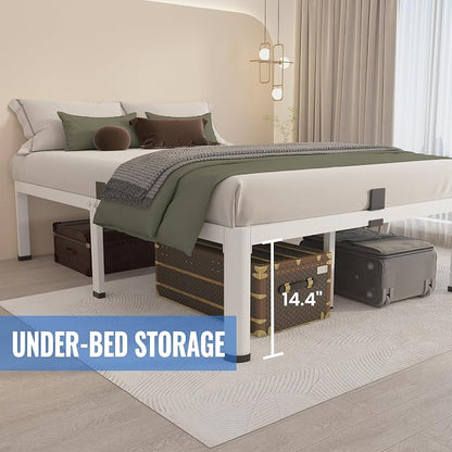 MAF 16 Inch King Size Bed Frame White with Round Corner Legs Mattress Slide Stopper No Box Spring Needed Heavy Duty Metal Platform Bed Frames Under-Bed Storage Space, 3000 LBS Steel Slats Support