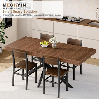 5-Piece Dining Table Set for 4 6 8, Large 55"-70.9" Extendable Dining Room Table Rectangle with Kitchen Chairs of 4, MDF Wood & Metal Frame for Apartment Kitchen Saving Space, Rustic Farmhouse, Walnut