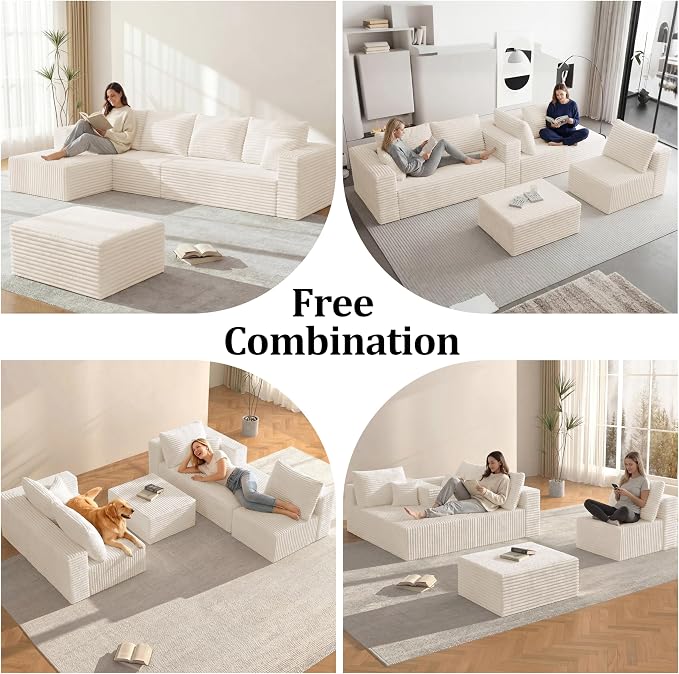Couches Sofa, Boneless Compressed Sofa in a Box, U-Shaped Cloud Couch with Deep Seats & Chaise for Living Room, No Assembly Required (Beige, 118" U-Shape with Left Facing Chiase)