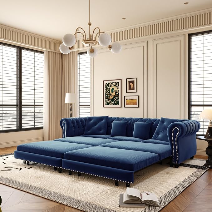 89" King Size Sleeper Sofa Bed - 3-in-1 Convertible Pull Out Sofa Bed with Ottoman, Button Tufted Chesterfield Sofa, Queen Sleeper Couch for Small Spaces Apartments, Guest Rooms, Living Room, Blue