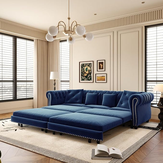 89" King Size Sleeper Sofa Bed - 3-in-1 Convertible Pull Out Sofa Bed with Ottoman, Button Tufted Chesterfield Sofa, Queen Sleeper Couch for Small Spaces Apartments, Guest Rooms, Living Room, Blue