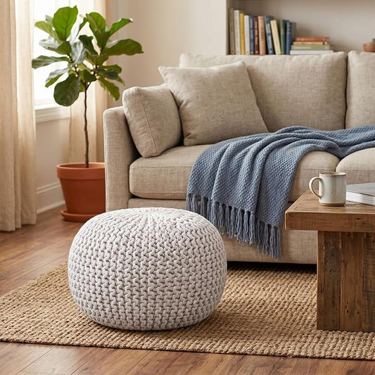 BIRDROCK HOME Round Pouf Ottoman Foot Rest - 18.5”x18.5”x15” Boho Compact Comfortable Soft Cotton Braided Foot Stool with Bean Bag Filling for Living Room, Bedroom, or Nursery (Ivory)