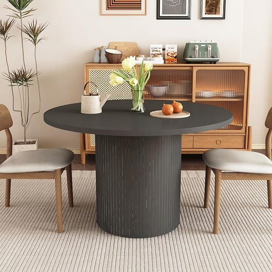 weselon Round Dining Table for 4, Modern Farmhouse Kitchen Table, 47 Inch Small Circle Dining Tables with Wood Strip Base for Kitchen Living Room (Black)