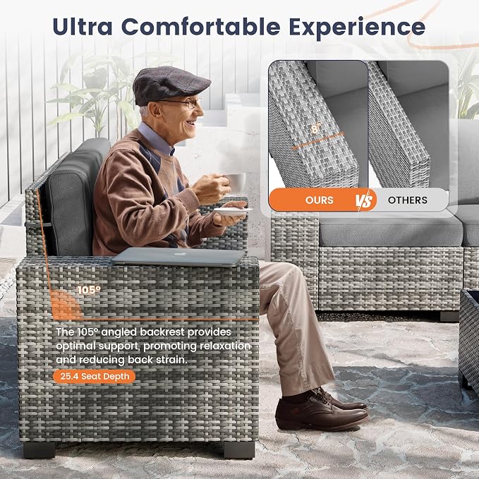 UDPATIO Patio Sectional Sofa with Fire Pit Table, 8 Inch Armrest 7-Piece Wicker Conversation with Waterproof Cover for Backyard Deck, Grey/Dark Grey