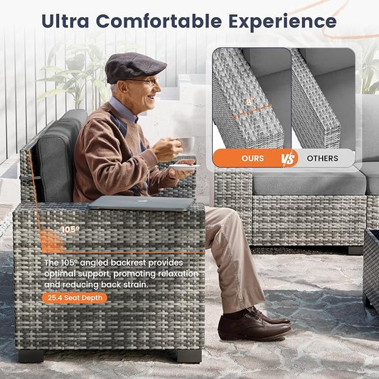 UDPATIO Patio Sectional Sofa with Fire Pit Table, 8 Inch Armrest 7-Piece Wicker Conversation with Waterproof Cover for Backyard Deck, Grey/Dark Grey
