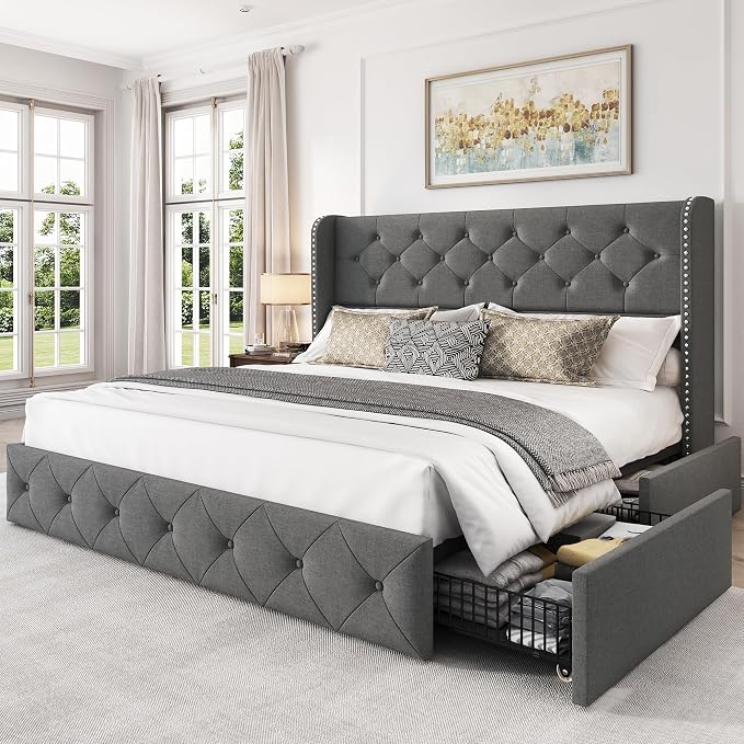 LARMACE Queen Size Platform Bed Frame with 4 Storage Drawers and 47.2" Tall Tufted Headboard Linen Upholstered Bed Wingback Bed Frame with Wooden Slats Support, Easy Assembly, Light Grey