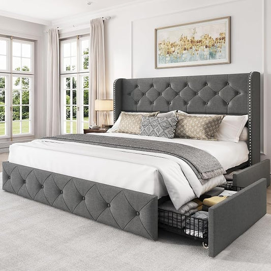 LARMACE Queen Size Platform Bed Frame with 4 Storage Drawers and 47.2" Tall Tufted Headboard Linen Upholstered Bed Wingback Bed Frame with Wooden Slats Support, Easy Assembly, Light Grey