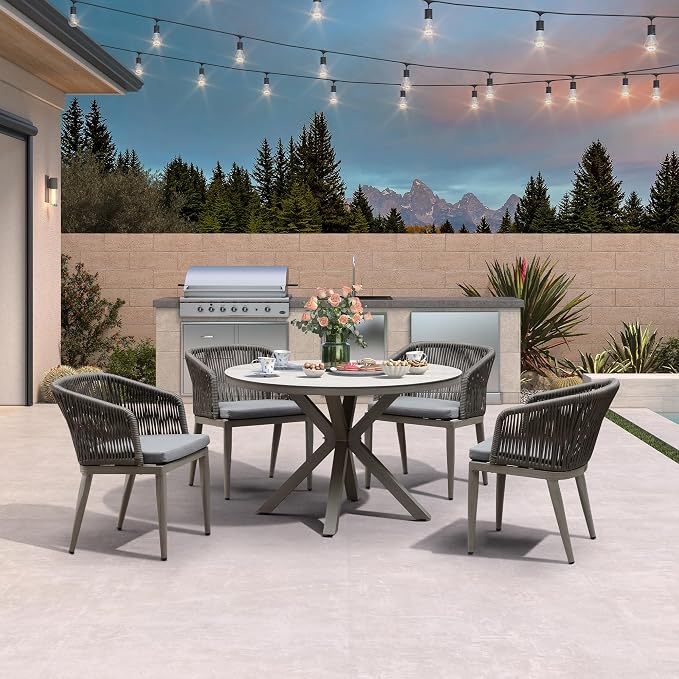 PURPLE LEAF 5 Pieces Oversized Round Patio Dining Set Aluminum Frame and Wicker Rattan Arm Chairs with Cushions for Garden Porch Kitchen Modern Outdoor Grey