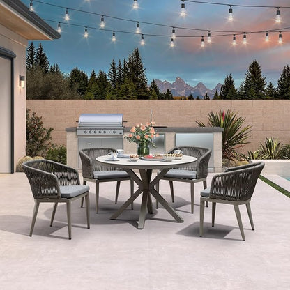 PURPLE LEAF 5 Pieces Oversized Round Patio Dining Set Aluminum Frame and Wicker Rattan Arm Chairs with Cushions for Garden Porch Kitchen Modern Outdoor Grey