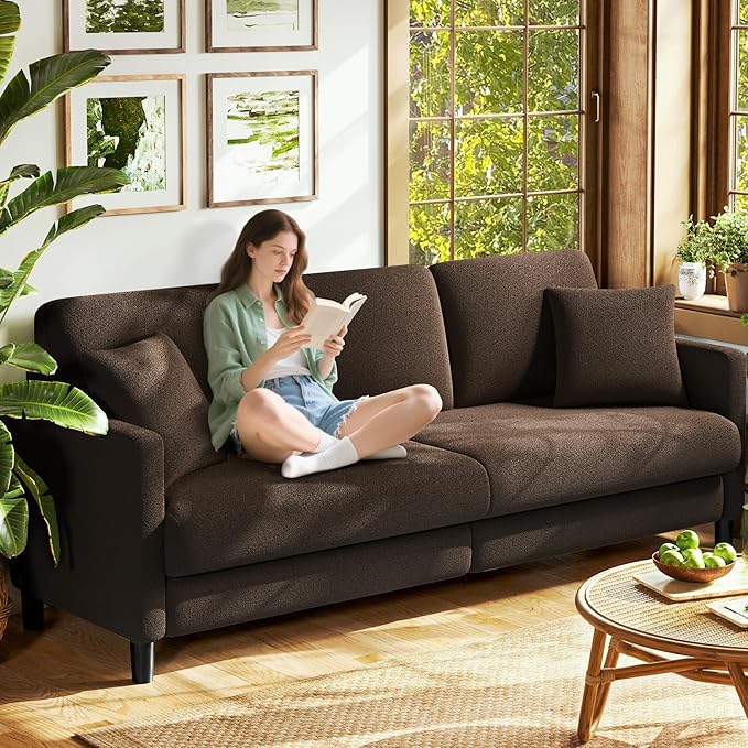 Welzona 83" Couches for Living Room, Teddy Sofa Couch, Comfy Sofas for Living Room, Tool-Free Setup Loveseat Sofa, All-Wood Love Seat Couches, Small Couch 2 Pillows Included, Khaki