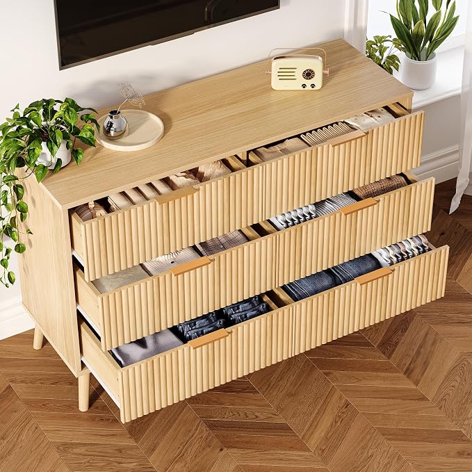 Fluted 6 Drawers Dresser for Bedroom, Wooden Wide Chest of Drawers with Metal Handle, Dresser TV Stand, Closet Storage Organizer for Entryway, Living Room, Hallway (Natural)