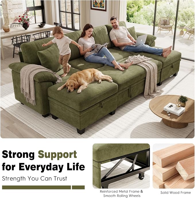 Ihanherry 108" Modular Sectional Sofa with Pull Out Bed, 6-Seater U Shaped Sectional Sleeper Couch with Storage Ottoman, Chenille Convertible Couches for Living Room, Apartment (Green)