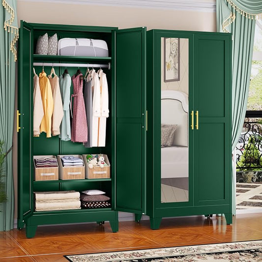 GAIOUS Metal Wardrobe Cabinet with Mirror and Hanging Rod, 71" Green | Clothing Storage Cabinets with 2 Doors and Adjustable Shelves, Armoire Wardrobe Closet for Bedroom, Laundry Room, Cloak Room