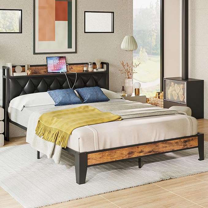 ANCTOR Full Bed Frame, Storage Headboard with Outlets, Easy to Install, Sturdy and Stable, No Noise, No Box Springs Needed, Rustic Brown and Black