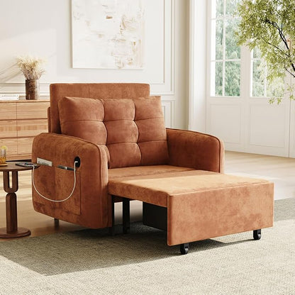 ERYE Modern Foldable Chair Sofa Convertible Pull Out Sleeper Sofabed,Single Seat Tufted Upholstered Sofa Convertible Chaise Lounge Bed with USB-Ports and Side Pockets