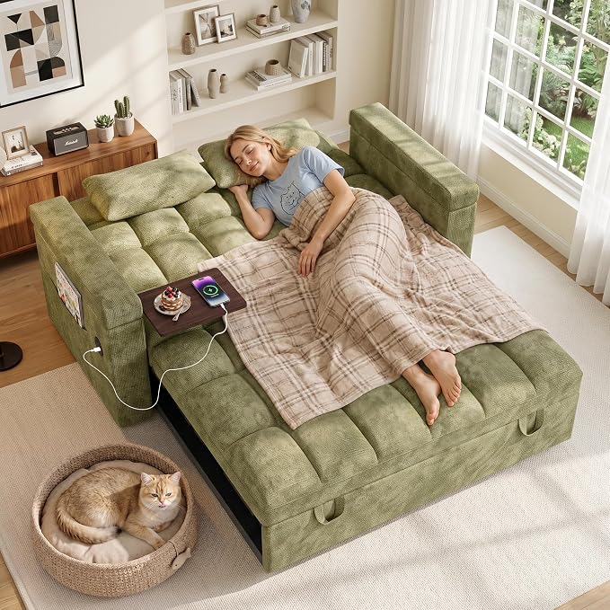 65'' Sleeper Sofa Bed, Pull Out Couch with Side Table | USB Charging Port | Adjustable Backrest | Chenille Fabric, Convertible Loveseat for Living Room, Apartment, Small Spaces (Green)