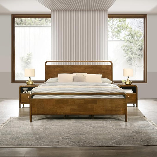Roundhill Furniture Eldren Wood Bedroom Set, King Platform Bed with Two Nightstands in Walnut Finish