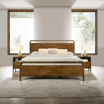 Roundhill Furniture Eldren Wood Bedroom Set, Queen Platform Bed with Two Nightstands in Walnut Finish