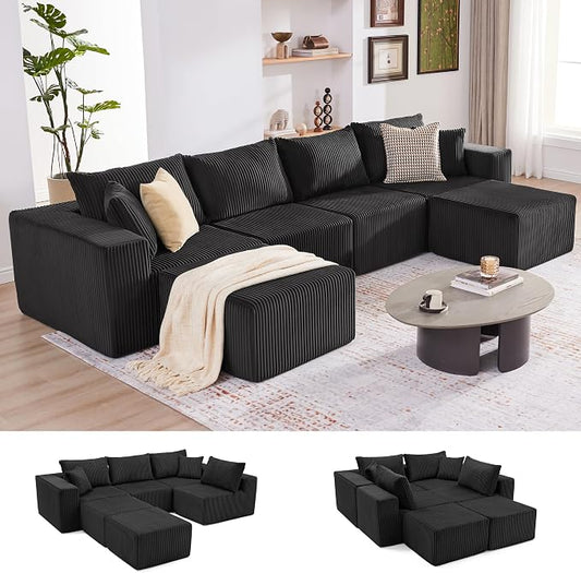 Weture 135.4" Cloud Couch Sectional, Modular Sectional Sofa with Deep Seat, Plush Corduroy U Shaped Boneless Couch, Convertible Sectional Couches for Living Room, 6Seat, Black