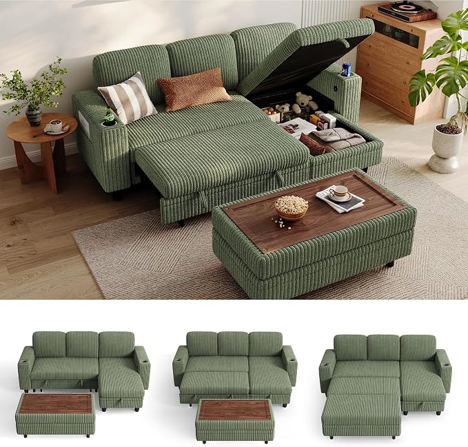 LINSY HOME Sectional Sleeper Sofa with Pull Out Couch Bed for Living Room (Green)