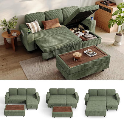 LINSY HOME Sectional Sleeper Sofa with Pull Out Couch Bed for Living Room (Green)