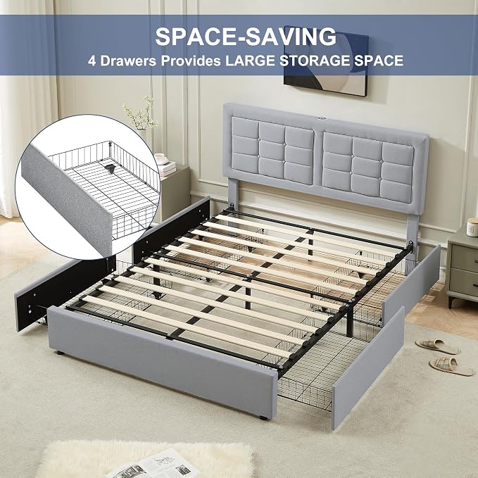 VECELO Full Size Bed Frame with 4 Drawers, Adjustable Tufted Button Headboard, Upholstered Platform with Wood Slats Support, Built-in USB and Type C Ports, Light Grey