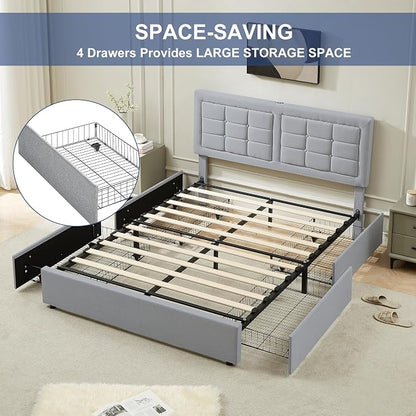 VECELO Full Size Bed Frame with 4 Drawers, Adjustable Tufted Button Headboard, Upholstered Platform with Wood Slats Support, Built-in USB and Type C Ports, Light Grey
