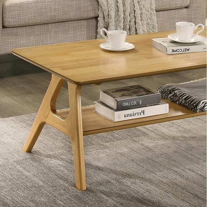 Roundhill Furniture Arona Mid-Century Modern Wood Shelf Coffee Table, Natural Oak Finish