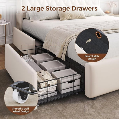 Full LED Velvet Bed Frame with 2 Storage Drawers&Hidden Headboard, Upholstered Platform Bed with Charging Station&Button Tufted Design, Wooden Slats Support, Box Spring Optional, Easy Assembly, Beige