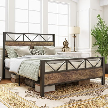 LIKIMIO Queen Bed Frame, Tall Industrial Headboard 51.2 ", Platform Bed Frame with Strong Metal Support, Solid and Stable, Noise Free, No Box Spring Needed, Easy Assembly, Rustic Maple