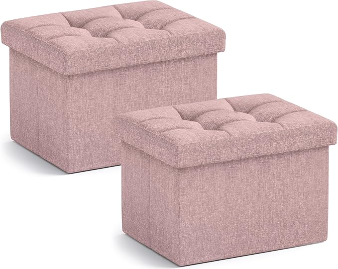 Ornavo Home Small Storage Ottoman, Set of 2, Foldable Collapsible Rectangle Linen Ottoman Foot Rest Stool Seat, for Living Room, Bedroom, Home Office, Dorm - 12 x 16 x 12, Pink
