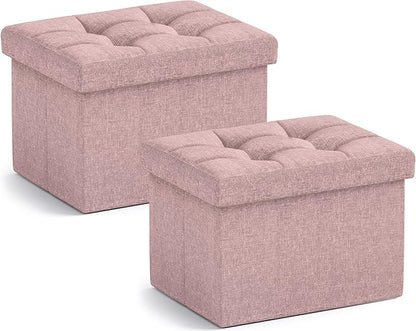 Ornavo Home Small Storage Ottoman, Set of 2, Foldable Collapsible Rectangle Linen Ottoman Foot Rest Stool Seat, for Living Room, Bedroom, Home Office, Dorm - 12 x 16 x 12, Pink