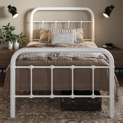 Allewie Twin Size Metal Platform Bed Frame with Victorian Style Wrought Iron-Art Headboard/Footboard, No Box Spring Required, White