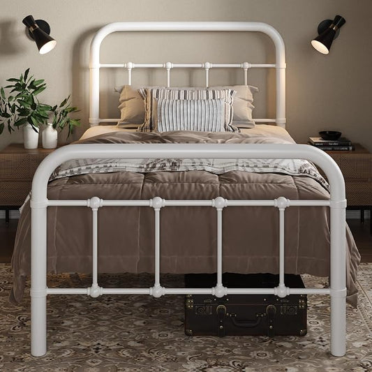 Allewie Twin Size Metal Platform Bed Frame with Victorian Style Wrought Iron-Art Headboard/Footboard, No Box Spring Required, White