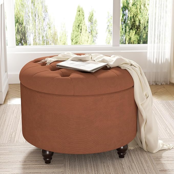 24 Inch Round Storage Ottoman,Modern Tufted Ottomans,Circular Coffee Table with Removable Top,Upholstered Large Ottoman with Storage Footrest Stool for Bedroom Living Room (Orange)
