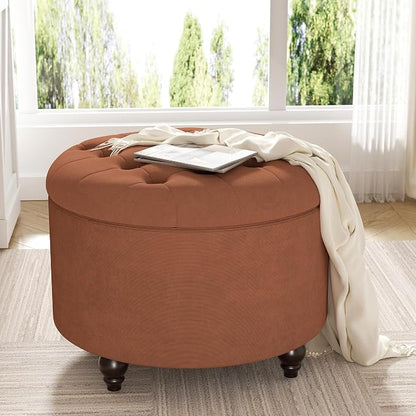 24 Inch Round Storage Ottoman,Modern Tufted Ottomans,Circular Coffee Table with Removable Top,Upholstered Large Ottoman with Storage Footrest Stool for Bedroom Living Room (Orange)
