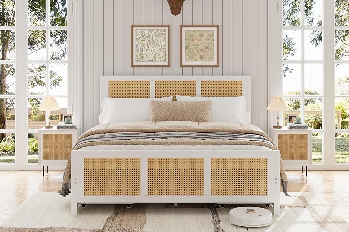 Garvee Rattan King Bed Frame with LED Headboard (7 Colors), Boho Cane Platform Bed with 4 Large Drawers, Strong Metal Slats Support, Noise Free, No Box Spring Needed, Easy Assembly, White
