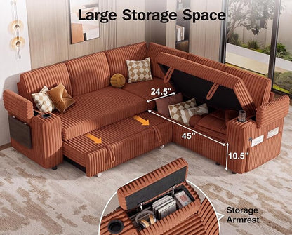 Vipbear 86" Modular Sectional Sleeper Sofa with Pull Out Bed, 5 Seat Plush Corduroy L Shaped Couch with Storage Seat|USB Ports|Cup Holders|Side Table|Storage Armrests, Tool Free Assembly, Orange