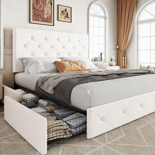 Allewie Upholstered Queen Size Platform Bed Frame with 4 Storage Drawers and Adjustable Headboard, Diamond Button Tufted, Wooden Slats Support, Noise-Free, No Box Spring Needed, Easy Assembly, White