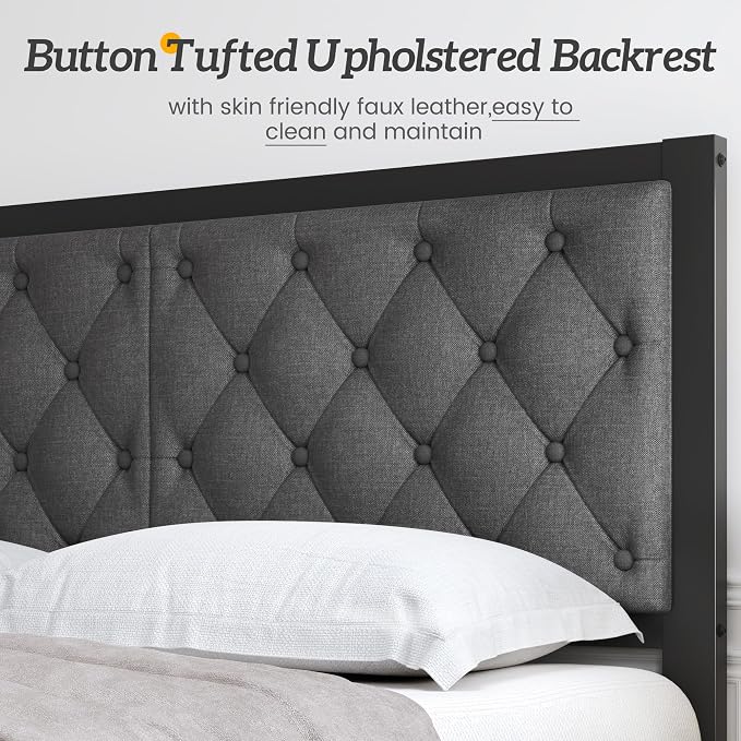 HISOFT Full Bed Frame with Upholstered Button Tufted Headboard, Bed Frame Platform Metal Slats Support, Under Bed Storage, No Box Spring Needed, Noise-Free, Easy Assembly, Grey
