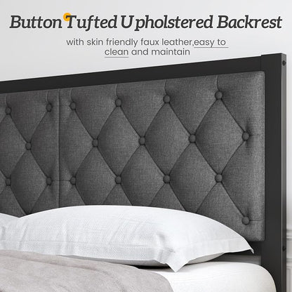 HISOFT Queen Bed Frame with Upholstered Button Tufted Headboard, Bed Frame Platform Metal Slats Support, Under Bed Storage, No Box Spring Needed, Noise-Free, Easy Assembly, Grey