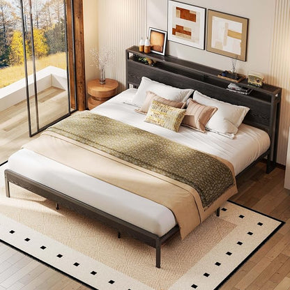 LIKIMIO California King Bed Frame with Headboard, Dark Wood Camas California King with Strong Supports, Sturdy, Noise-Free, No Box Spring Needed, Black