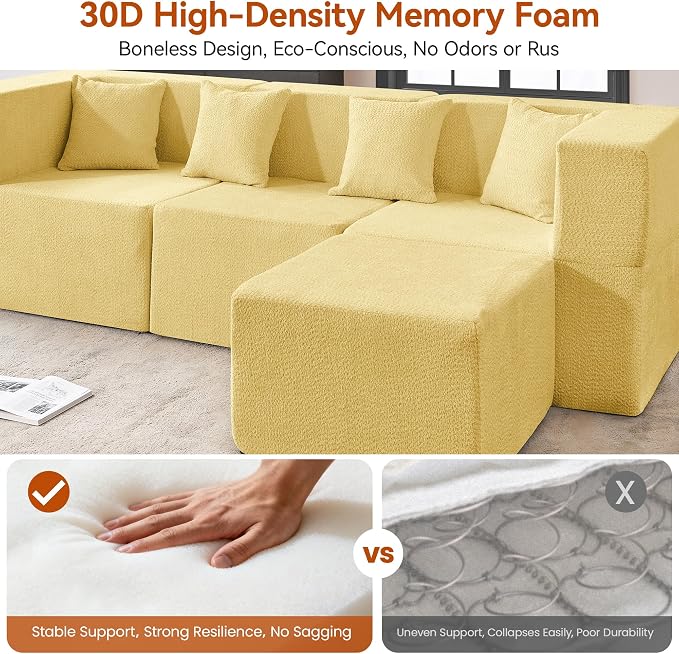 MONVANE Modular Sectional Sofa, Oversized 8 Seat Convertible U Shaped Couch with Ottoman, Comfy Teddy Velvet Cloud Couch with Deep Seat, Sectional Couches for Living Room, No Assembly Required, Yellow
