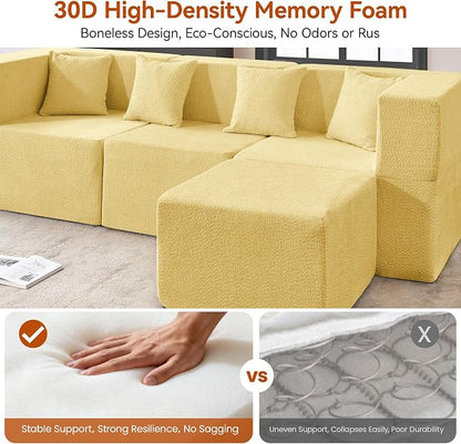 MONVANE Modular Sectional Sofa, Oversized 8 Seat Convertible U Shaped Couch with Ottoman, Comfy Teddy Velvet Cloud Couch with Deep Seat, Sectional Couches for Living Room, No Assembly Required, Yellow