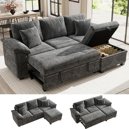 Ihanherry 86" Modular Sectional Sofa with Pull Out Bed, 4-Seater L Shaped Sectional Sleeper Couch with Storage Ottoman, Chenille Convertible Couches for Living Room, Apartment (Grey)