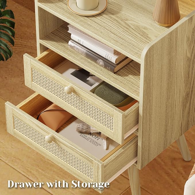 SUPERJARE 2 Drawer Night Stand with Charger Station, Boho Rattan Nightstand Set of 2, 25.2 Inch Tall Bed Side Table with Solid Wood Feet, End Table, Open Storage, Synthetic Rattan, for Dorm, Natural