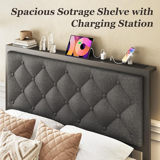 Fluest Twin Bed Frame with Storage Drawer, Upholstered Headboard Button Tufted Bed Frame with Charging Station, No Box Spring Needed, Noise-Free, All Metal Structure, Grey